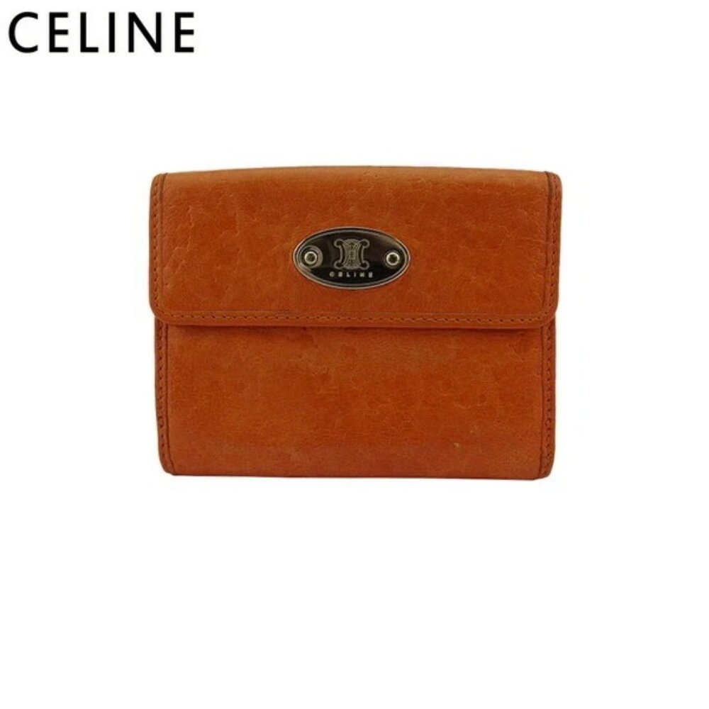CELINE W Hook Wallet Triomphe Plate Orange Leather Authentic Used t21817